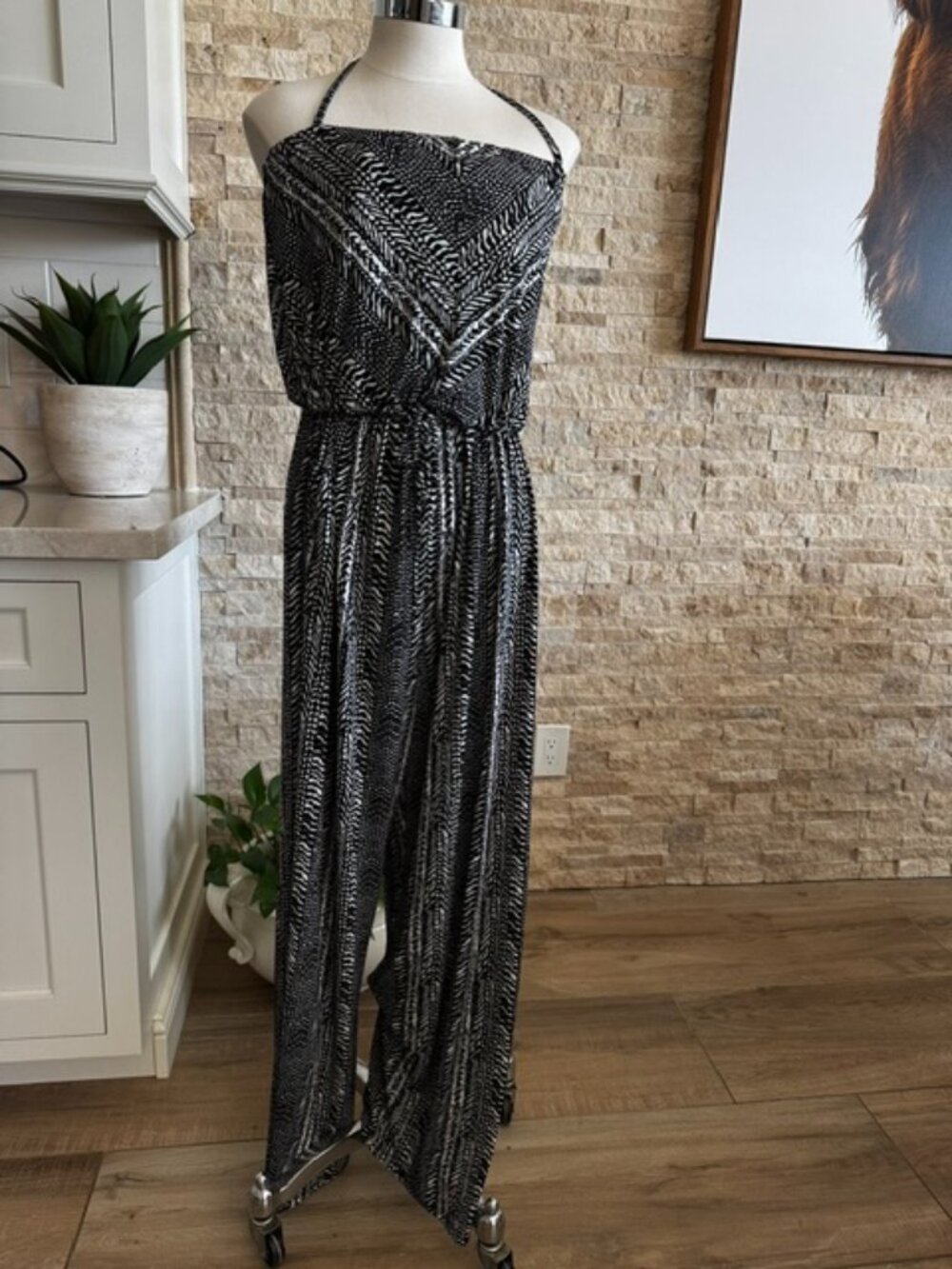 ROBIN PICCONE Print Halter Jumpsuit Cover-Up SIZE Large  BLACK WHITE